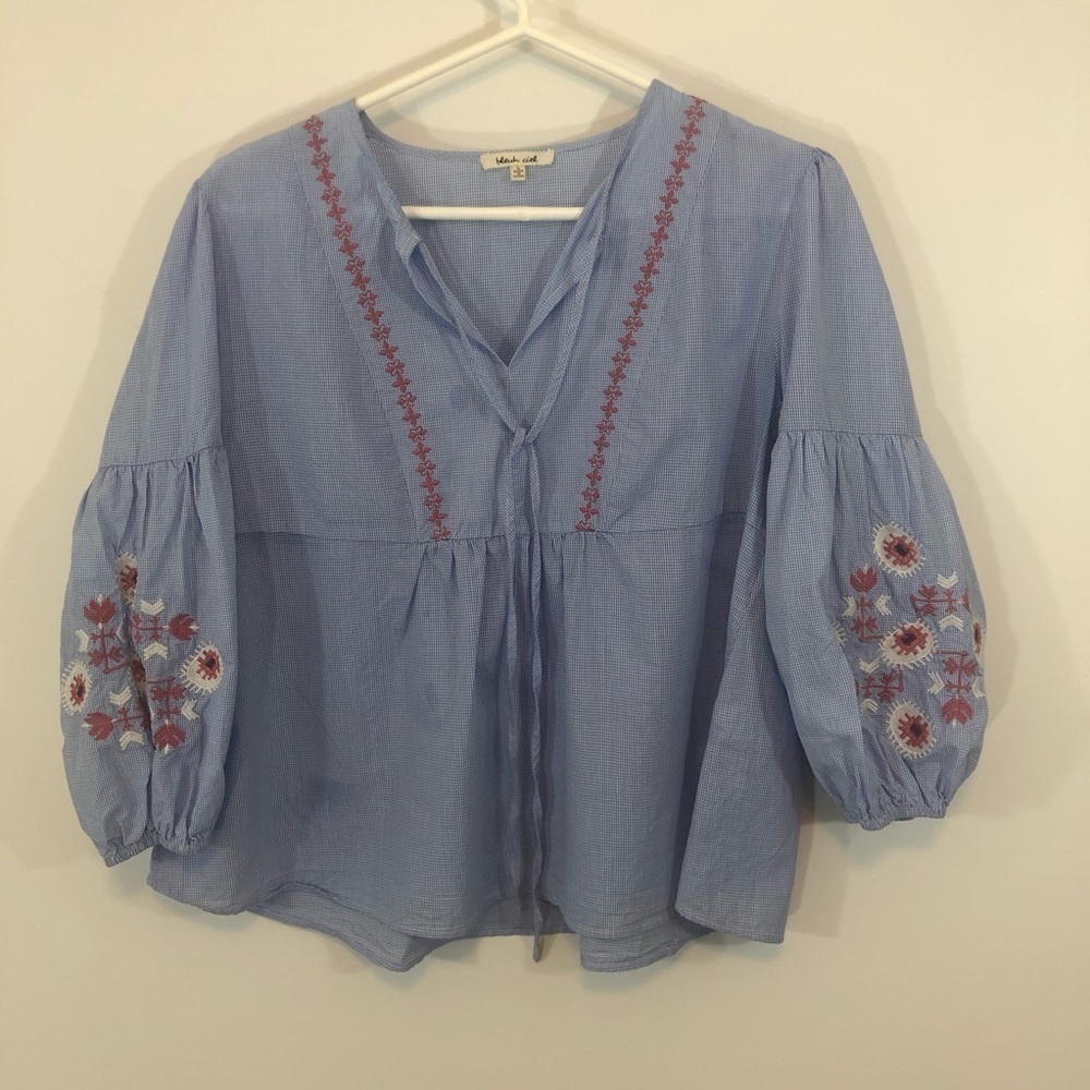 bleuh ciel Blue Embroidered Blouse